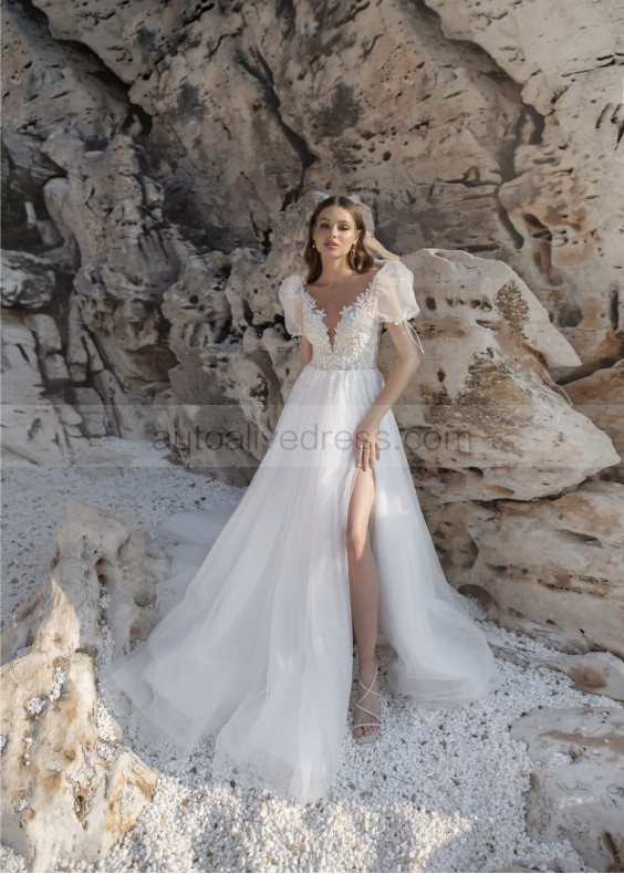 Short Sleeves Beaded Ivory Lace Tulle Slit Wedding Dress
